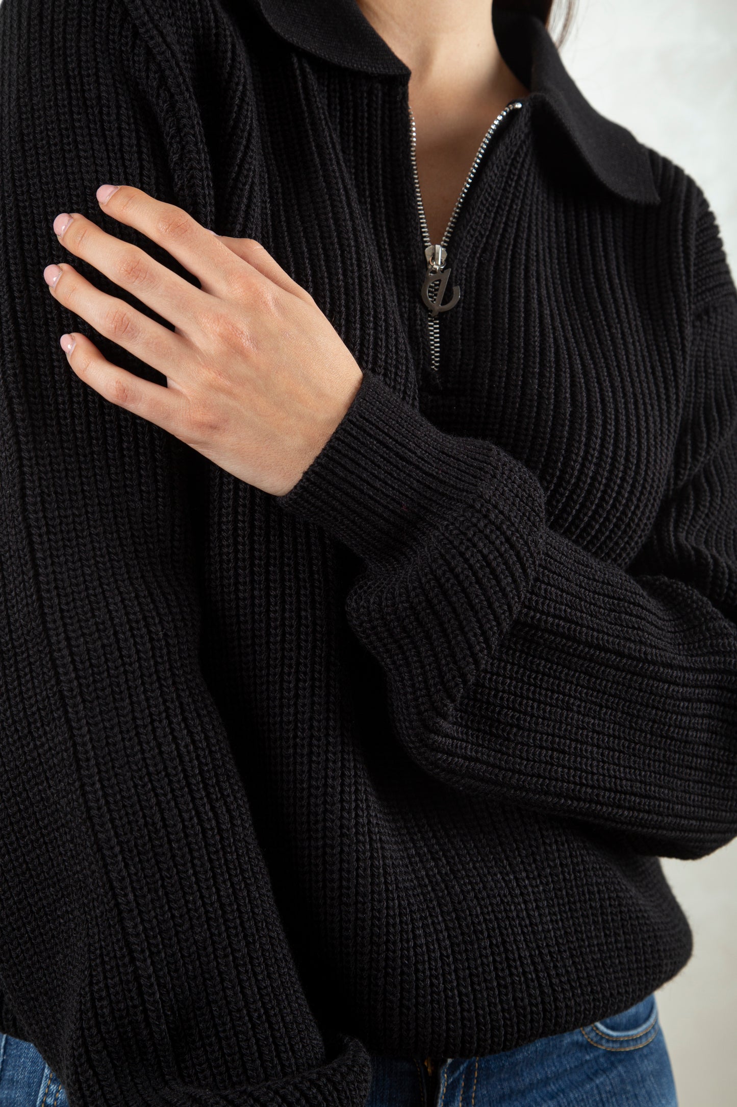 knitted quarter-zip polo /black