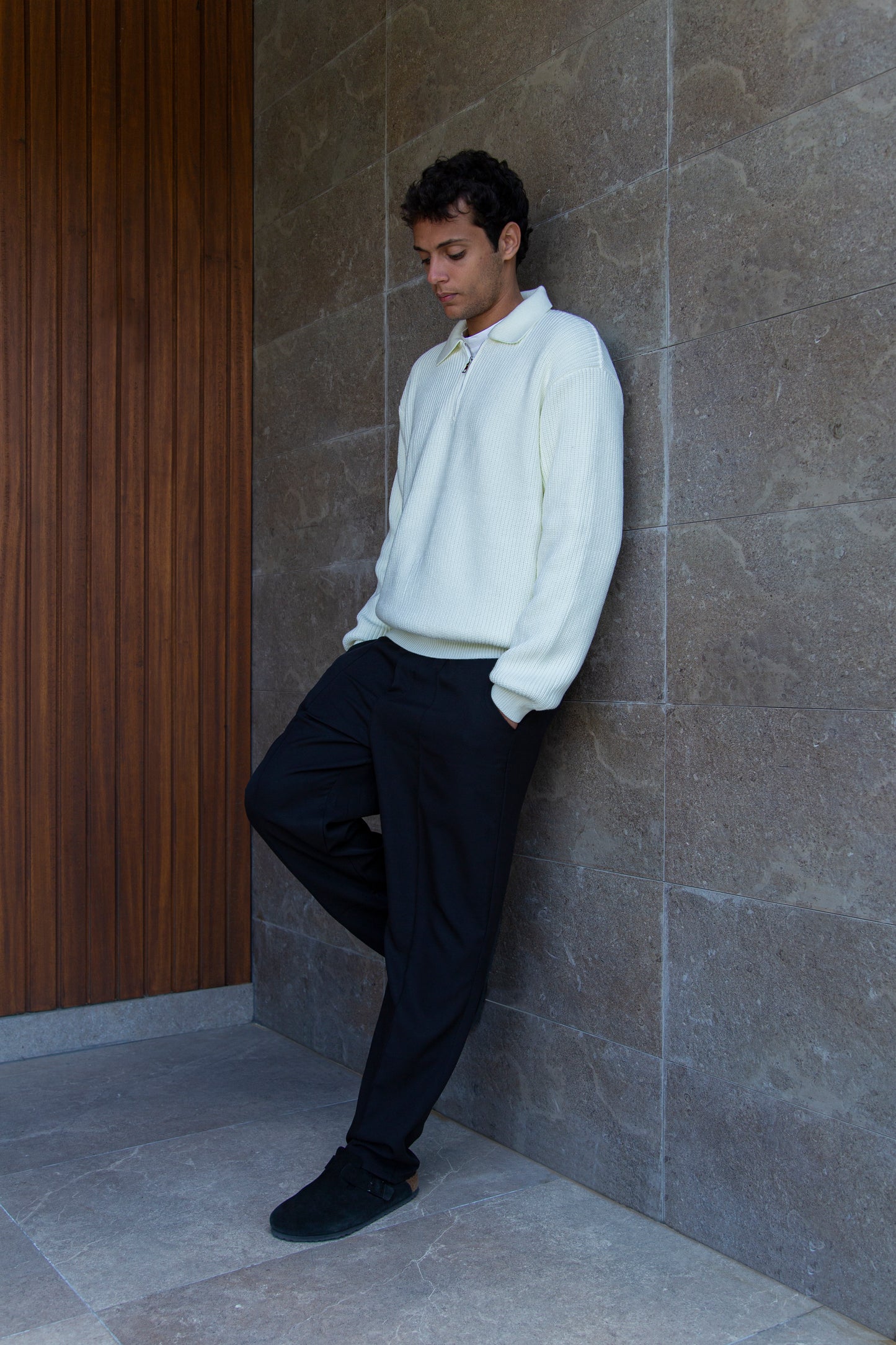 knitted quarter-zip polo /cream white