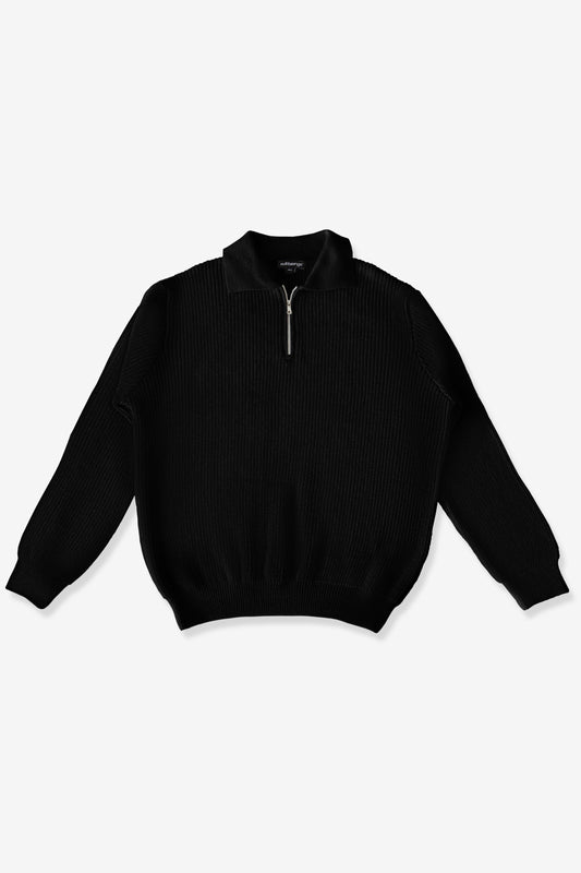 knitted quarter-zip polo /black