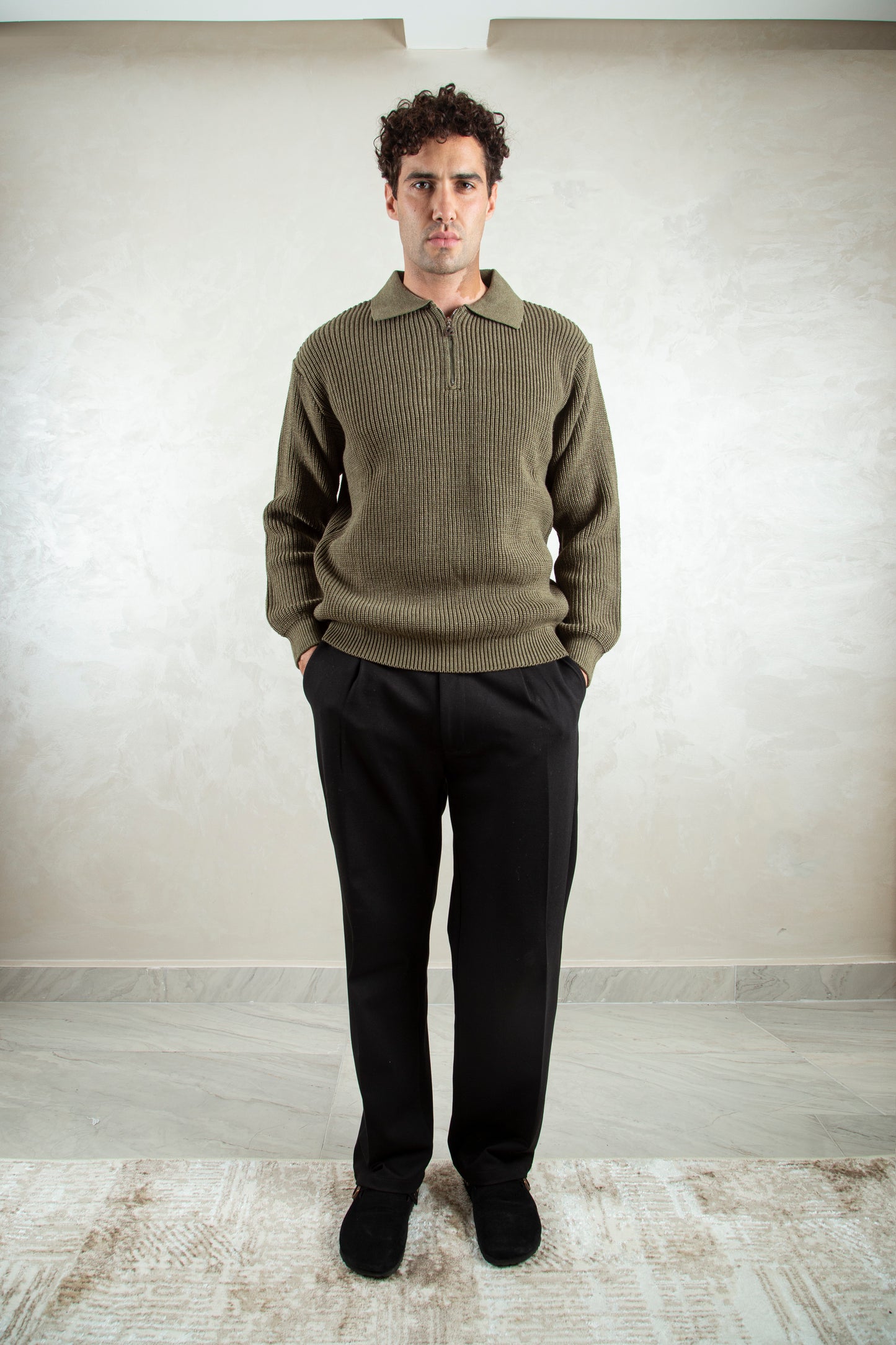 knitted quarter-zip polo /olive