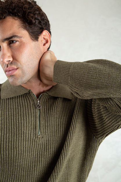 knitted quarter-zip polo /olive