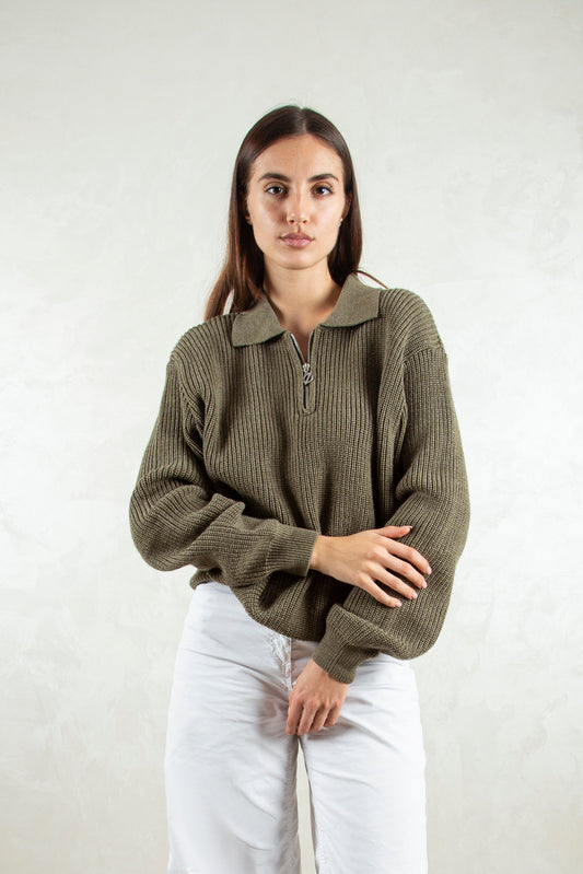 knitted quarter-zip polo /olive