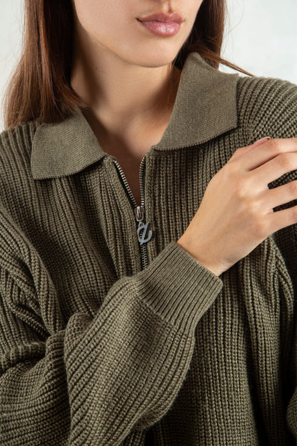 knitted quarter-zip polo /olive