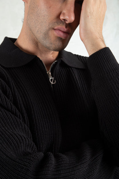 knitted quarter-zip polo /black