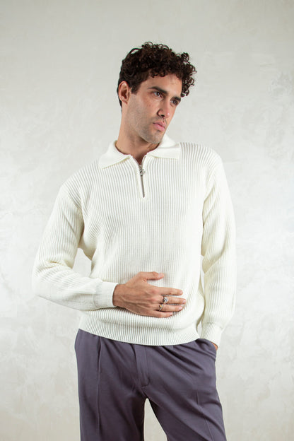 knitted quarter-zip polo /cream